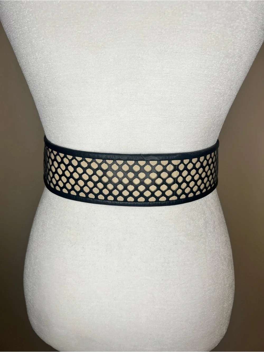 Catherine Malandrino Y2K Black Lattice Cutout Cream Wide Statement Waist Belt